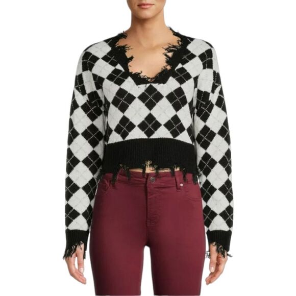 Houndstooth Distressed Cropped Argyle Monochromatic Sweater Size S | Just Polly - Picture 1 of 10